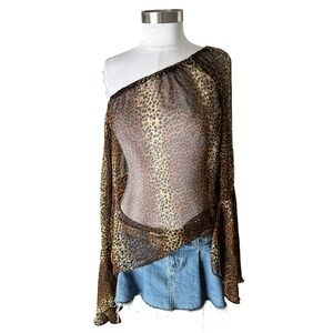 Sense Leopard Cheetah Print One Shoulder Sheer Mesh Top Brown Black 2X